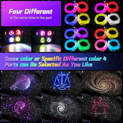 4 Colors 32W Twinkle Car Starlight Headliner Kit 1200pcs*0.03in*13.1ft with APP&RF Remote,RGBW Fiber Optic Strands Star Roof Lights,4 Port Engine Sound Activated Ceiling Star Lights for Home/Car Decor
