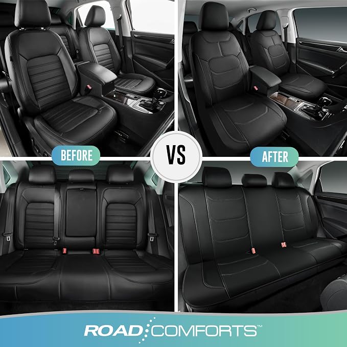 Road Comforts Seat Covers, Premium Leather Car Seat Covers Full Set,Airbag Compatible, Automotive Seat Covers Universal Fit Most Cars,Vans,Truck,SUV, Black