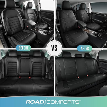 Road Comforts Seat Covers, Premium Leather Car Seat Covers Full Set,Airbag Compatible, Automotive Seat Covers Universal Fit Most Cars,Vans,Truck,SUV, Black