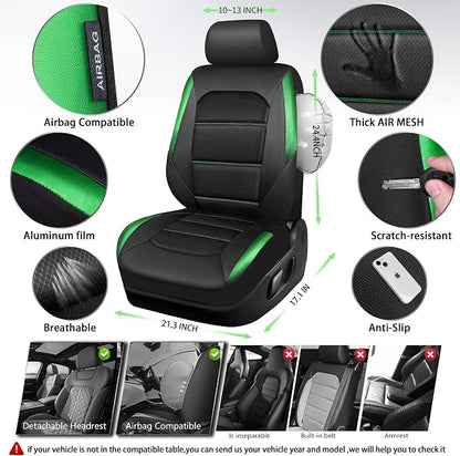 Car Pass Memory Foam Leather Seat Covers,Air Cool Mesh Thick Car Seat Covers Front Seat Green Leather Seat Covers for Cars Universal for SUVs Trucks,Airbag Compatible Comfort Durable,Black Green Metal