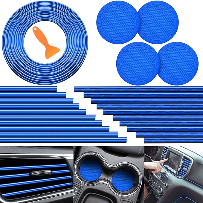 Frienda 25 Pack Universal Car Vent Trim Strips and Cup Mats Set 20 Pcs 16 Feet Air Conditioner Outlet Decor with Installation Tool 4 Pcs Non Slip Cup Holders Mats DIY Trim Accessories(Blue)