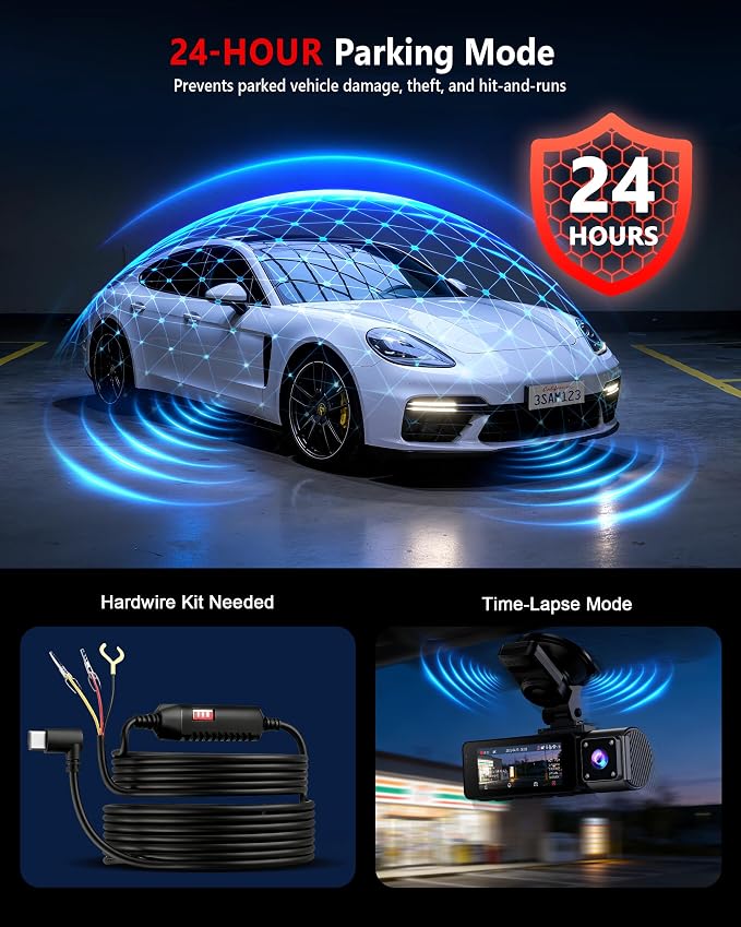 4K+2K+2K 3 Channel Dash Cam Front and Rear, 128GB Card Included, Dash Camera for Cars 5.8G/2.4G Dual Wifi, Built-in GPS, Night Vision, WDR, 170°Wide Angle, G-Sensor Emergency Lock, 24H Parking Monitor