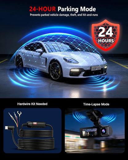 4K+2K+2K 3 Channel Dash Cam Front and Rear, 128GB Card Included, Dash Camera for Cars 5.8G/2.4G Dual Wifi, Built-in GPS, Night Vision, WDR, 170°Wide Angle, G-Sensor Emergency Lock, 24H Parking Monitor