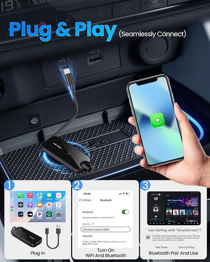 Wireless Carplay Adapter Upgraded Model adds Emergency Escape Window Breaker Function for Apple iPhone iOS 10+ & Cars from 2016+, Auto-Connect Stable Control & No Latency