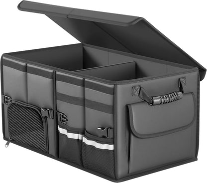 Trunk Organizer Car Organizer Leather Storage Box Foldable Trunk Organizer for SUVs & Sedans Sturdy Car Organization for Car Accessories, Tools, Sundries, Collapsible and Adjustable, 23.6 Inch