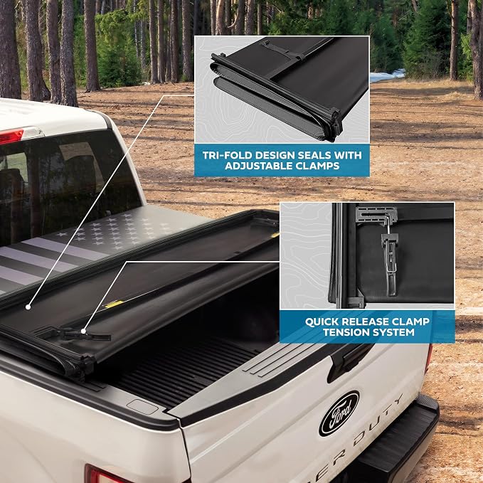 American Flag Truck Tonneau Cover for Ford F-250 F-350 Super Duty 2017-2026 / F-350 with 6.8 ft Bed Length, All-Weather Soft Tri-Fold Truck Bed Cover for Truck Black/Gray Flag