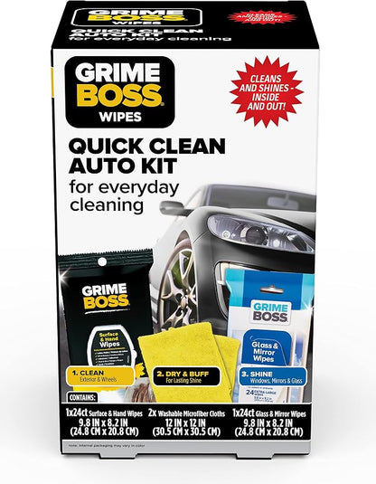Grime Boss Car Cleaning Auto Kit | Features Heavy Duty Hand & Surface Wipes, Microfiber Cloths, and Glass & Mirror Wipes