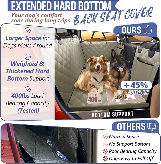 Back Seat Extender for Dogs Truck-Large Space, Hard Bottom Dog Pet Seat Cover Back Seat, Waterproof Dog Hammock for Crew Cab Trucks F150, RAM1500, Sierra, Tundra, Silverado, Khaki