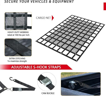 Surmountway Heavy Duty Cargo Net with Mesh (72" x 57"), 1100LBS Capacity, Adjustable Cam Buckles & S-Hooks for Trucks & Trailers