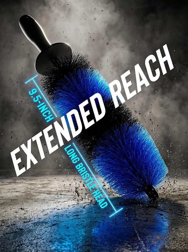 TAKAVU Master Wheel & Tire Brush, Easy Reach Wheel and Rim Detailing Brush Long Soft Bristle, Car Tire Brush, Wheel Scrub Brush, Multipurpose use for Wheels Rims Exhaust Tips Motorcycles (Blue)