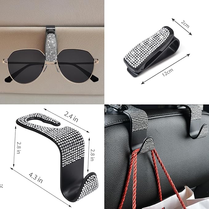 CAR PASS 11 PCS Bling Diamond Car Accessories for Women, Sparkly Rhinestone Steering Wheel Cover, Bling Seat Belt Cushion, Glitter Shift Knob Cover, Car Cup Holder Coaster, Cute Interior Sets Silver