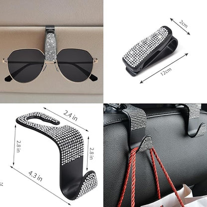 CAR PASS 11 PCS Bling Diamond Car Accessories for Women, Sparkly Rhinestone Steering Wheel Cover, Bling Seat Belt Cushion, Glitter Shift Knob Cover, Car Cup Holder Coaster, Cute Interior Sets Silver