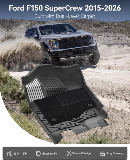 3W Floor Mats (with Metal Pedals)&Carpets Fit for Ford F-150 2015-2026 & F150 Lightning 2022-2025 SuperCrew, TPE All Weather Car Mats Custom Fit Accessories (w/s Original fold Under-Seat Storage Box)