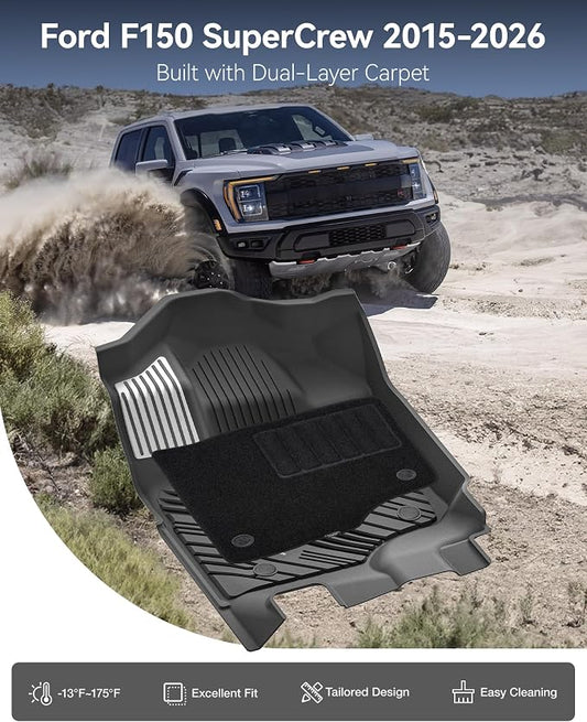 3W Floor Mats (with Metal Pedals)&Carpets Fit for Ford F-150 2015-2026 & F150 Lightning 2022-2025 SuperCrew, TPE All Weather Car Mats Custom Fit Accessories (w/s Original fold Under-Seat Storage Box)