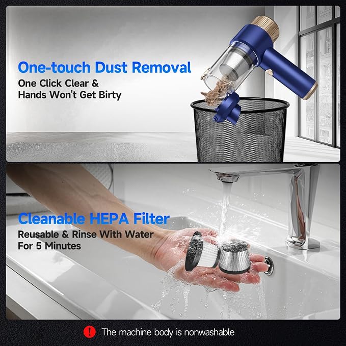 Vizeusvac Car Vacuum Cleaner, 16000PA Mini Car Vacuum Cordless Powerful, 7 in 1 Portable Handheld Vacuum Cordless with LED Light, Dual Filters, One-Touch Empty for Pet Hair, Home, Office