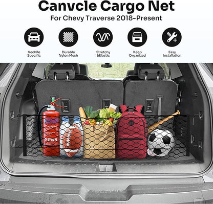 Canvcle Trunk Cargo Net for 2018-2025 2026 Chevrolet/Chevy Traverse Accessories Envelope Style Mesh Trunk Net Organizer and Storage Stretchable Adjustable Elastic Nylon Rear Cargo Netting with Hooks