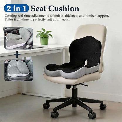 Ergonomic Memory Foam Seat Cushion, Lumbar Support Non Slip for Truck Driver Long Driving Office Chair Back Tailbone Pain Relief Dual Color Black&Grey