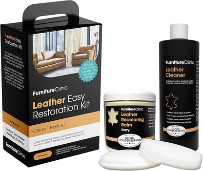 Furniture Clinic Leather Easy Restoration Kit | with Leather Recoloring Balm, Cleaner, Sponge, and Cloth | Leather Repair Kit for Scratched and Faded Furniture (Ivory)