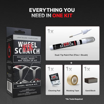 Wheel Scratch Fix® Silver Touch Up Paint for Cars - DIY Alloy Wheel Repair Kit, Curb Rash Remover with Fast-Drying Pen - Long-Lasting OEM Finish Car Rim Paint for Scuffs and Chips at Home (Light Silver)