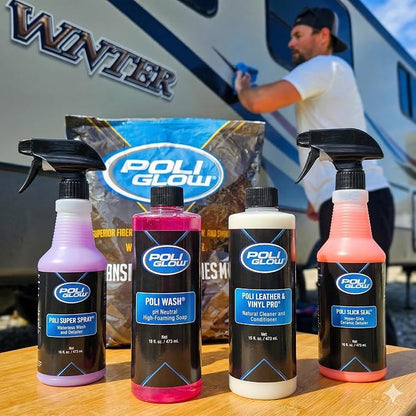 Poli Glow® 16 oz Vehicle Detailing Kit – All-in-One Cleaner & Protectant Set for Cars, Boats & RVs – Includes Interior, Exterior, Leather & Ceramic Detailers + Microfiber Towels – 7-Piece Kit