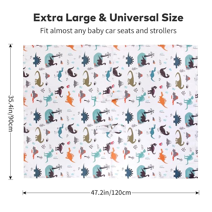 Rquite Baby Boy Car Seat Cover, 100% Muslin Cotton Infant Carseat Canopy, Soft Breathable Stroller Sun Shade & Newborn Shower Gift, Large Size Universal Fit Summer, Hot & Warm Weather (Gray Dinosaur)