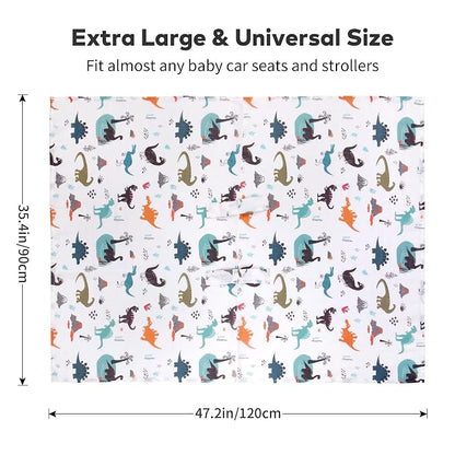 Rquite Baby Boy Car Seat Cover, 100% Muslin Cotton Infant Carseat Canopy, Soft Breathable Stroller Sun Shade & Newborn Shower Gift, Large Size Universal Fit Summer, Hot & Warm Weather (Gray Dinosaur)