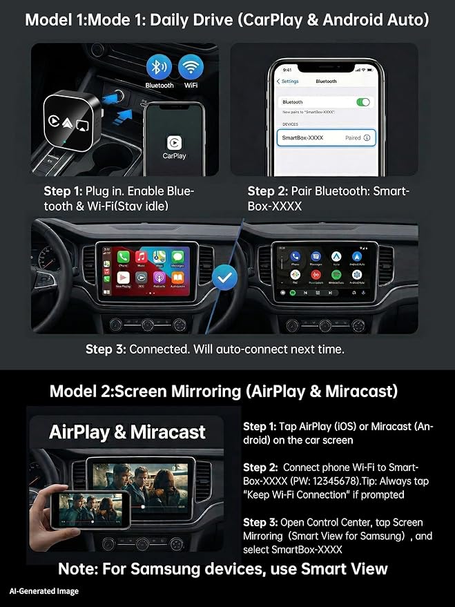 4-in-1 Wireless CarPlay Android Auto Adapter AirPlay & Miracast Media Hub Seamless for Mixed Families 5.8GHz Low-Latency & Auto-Connect Factory Wired Cars Only (Black)