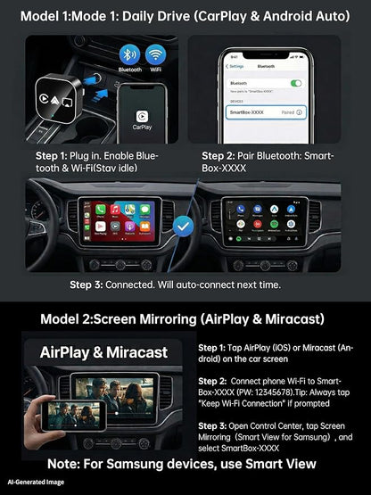 4-in-1 Wireless CarPlay Android Auto Adapter AirPlay & Miracast Media Hub Seamless for Mixed Families 5.8GHz Low-Latency & Auto-Connect Factory Wired Cars Only (Black)