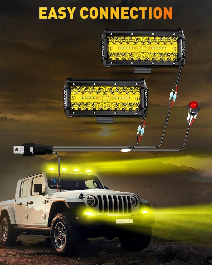 NAOEVO 7 Inch Yellow LED Light Bar, 240W 24,000LM Offroad Fog/Driving Lights LED Pods with 2 Leads Wiring Harness Kit, Spot & Flood Work for Truck Boat UTV ATV, 2-Pack (Yellow)