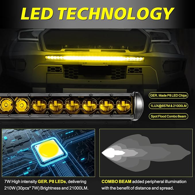 40 Inch Amber LED Light Bar Kit, AKD Part 210W OSRAM LED Slim Single Row Light Bar w/Wiring Harness Black Cover Driving Light Roof Lights for Truck UTV SUV Toyota Can-Am Honda Bronco Subaru