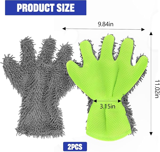 2PCS Car Wash Mitt, 5 Finger Chenille Microfiber Cleaning Mitt for Cars, Scratch-Free Auto Washing Gloves, Car Interior Exterior Cleaning Gloves, Great for Hard-to-Reach Areas (Gray)