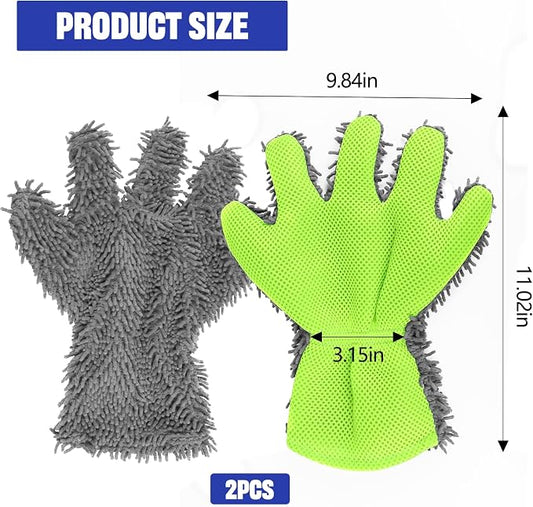 2PCS Car Wash Mitt, 5 Finger Chenille Microfiber Cleaning Mitt for Cars, Scratch-Free Auto Washing Gloves, Car Interior Exterior Cleaning Gloves, Great for Hard-to-Reach Areas (Gray)