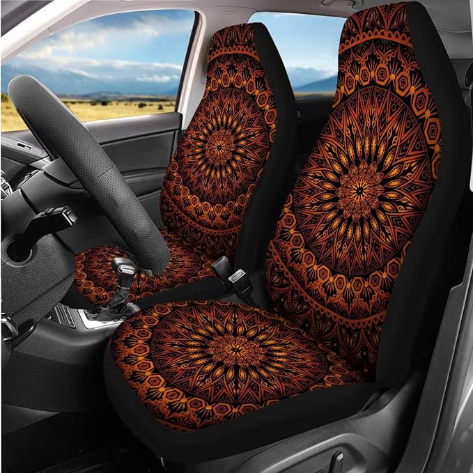 14 Pcs Orange Mandala Car Seat Covers Full Set with Auto Steering Wheel Cover Armrest Cushion Protector Seat Belt Covers,Flower Automotive Interior Sets Universal Fit Cars SUV Truckss