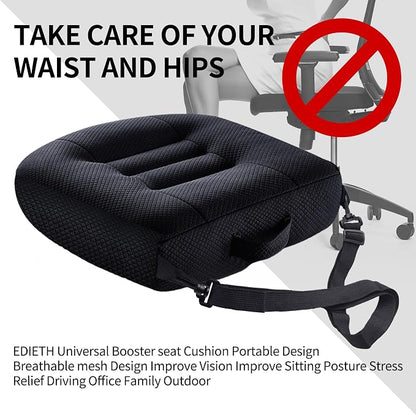 Universal Booster Seat Cushion with Adjustable Height, Breathable Mesh Portable Design with Straps, Improve Vision Improve Sitting Posture Stress Relief Driving Office Family Outdoor - Black