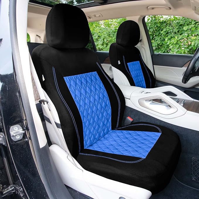 Universal Fit Diamond Stitched Flat Cloth Car Seat Covers Full Set - Blue