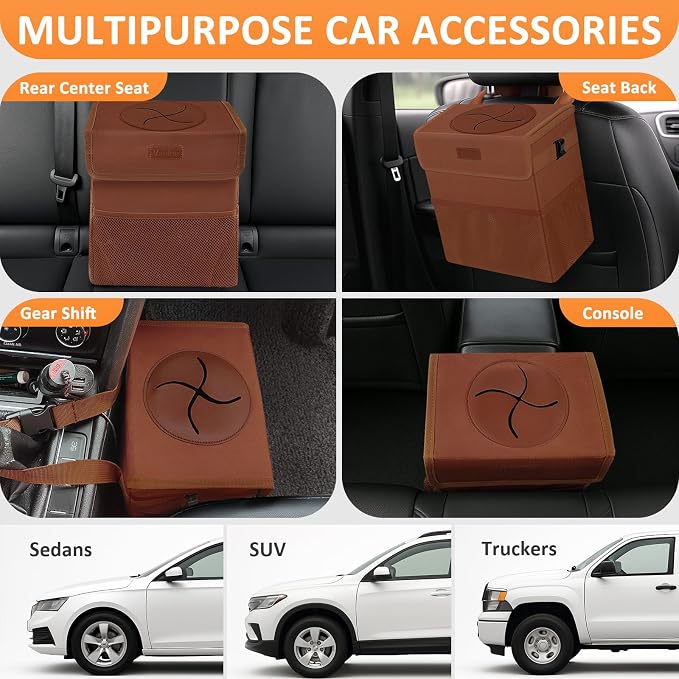 Vankor Car Trash Can, Brown, 2.2 Gallons Capacity, Waterproof, Polyester Material, Adjustable Strap, Hanging Design, Leakproof Lining, 100% PEVA Thickness