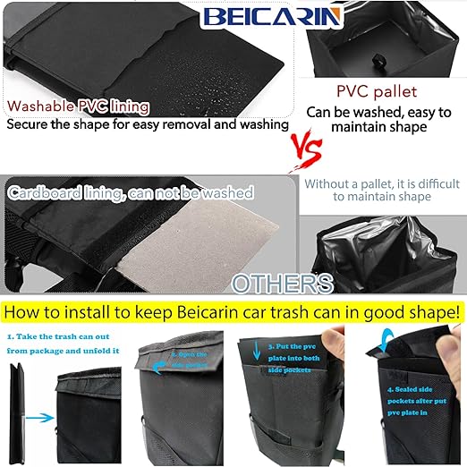 Beicarin Car Trash Can with Lid - Car Trash Bag Hanging with Storage Pockets Collapsible and Portable Car Garbage Bin, Leak-Proof Car Organizer, 1.82 Gallons Multipurpose Trash Bin for Car