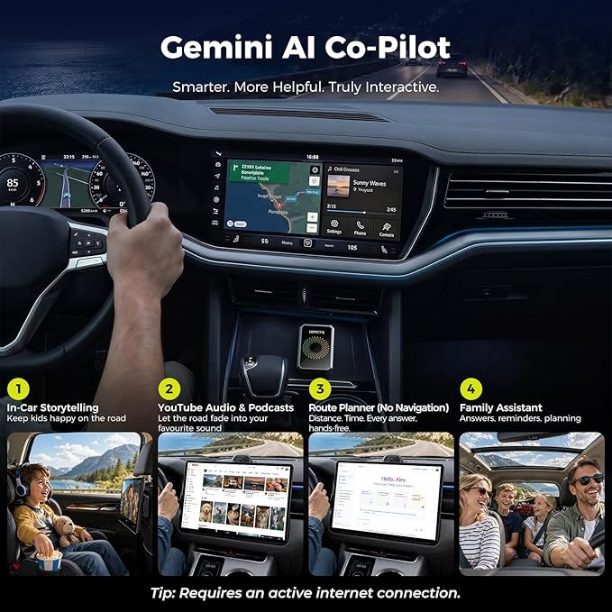 LAMTTO Wireless CarPlay and Android Auto Adapter with Gemini AI,4-in-1 Magic AI Box Video Player for YouTube TikTok, Dual WiFi,HD Media Port,USB Drive,Mirror Link for OEM Wired Carplay Cars 2016-2024