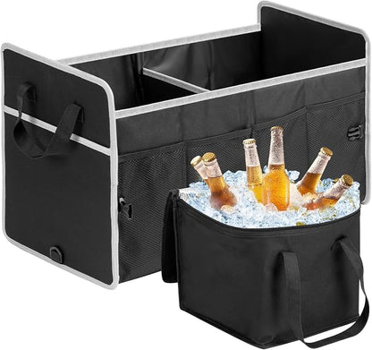 Car Trunk Organizer with Individual Cooler Bag - 2 Compartment Collapsible Car Storage for SUV (Black)