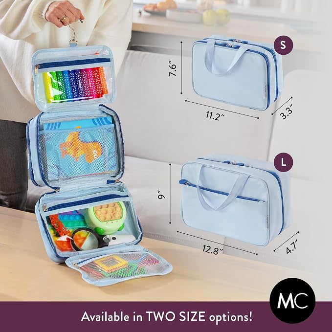 Kids Travel Organizer – Multi-Compartment, Water-Resistant Hanging Bag for Toys, Snacks, & Activities - Compact, Lightweight Design with Hook & Carry Handle - Perfect for Travel Use (Blue, Small)