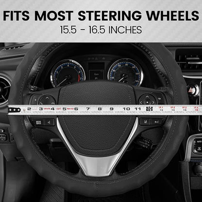 BDK Genuine Black Leather Steering Wheel Cover for Car, Large 15.5-16 inch – Ergonomic Comfort Grip for Men & Women, Car Steering Wheel Cover for Vehicles with Large Steering Wheels