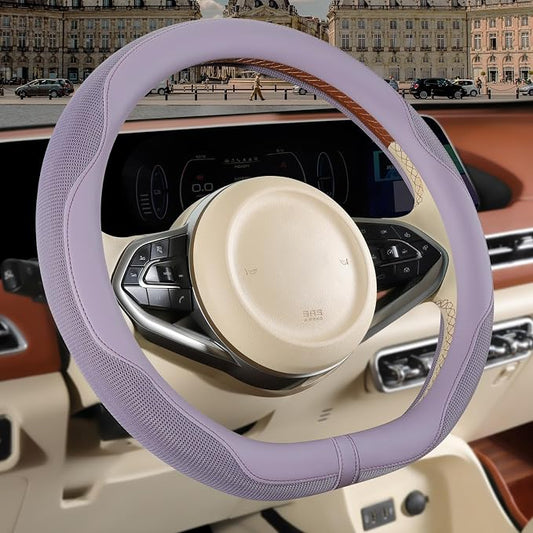 Nappa Leather Purple D Shape Steering Wheel Cover, Advanced Microfiber Leather Non-Slip Breathable Fabric, Warm in Winter and Cool in Summer, Universal 15 inch