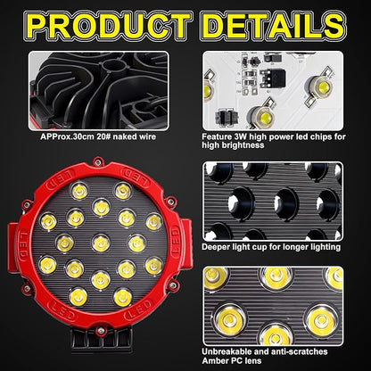 7 Inch Off Road Lights, 5100LM 12-24V LED Driving Light Pods for Tractor, Jeep,SUV,ATV & Truck Bumper pod Lights,2 Pack/Red