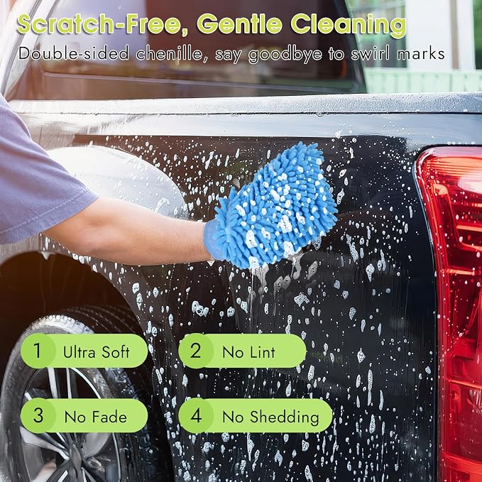 3 Pack Chenille Microfiber Car Wash Mitt, 7" x 9.6" Car Washing Mitts, Home Dusting Gloves, Scratch Free Lint-Free, Highly Absorbent, Double Sided, for Cleaning Detailing Polish (Blue)