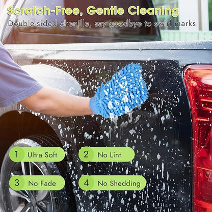 3 Pack Chenille Microfiber Car Wash Mitt, 7" x 9.6" Car Washing Mitts, Home Dusting Gloves, Scratch Free Lint-Free, Highly Absorbent, Double Sided, for Cleaning Detailing Polish (Blue)