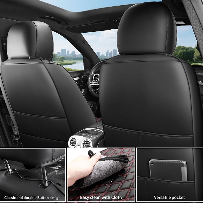 Front Automotive Seat Covers Set of 2,Universal Precision Fit Contoured Thick Nappa Leather Automotive Seat Covers & Accessories Waterproof Car Seat Covers SUV Truck,Style1 Black Red Line