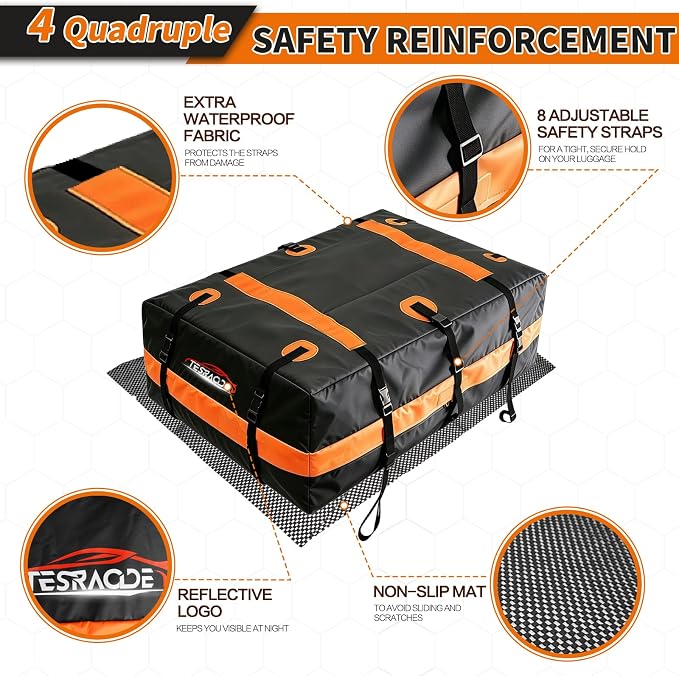 22 Cubic Feet Car Rooftop Cargo Carrier Roof Bag, Fit All Car with/Without Rack, 500D Waterproof PVC Includes Anti-Slip Mat, 6 Door Hooks, 10 Reinforced Straps for Road Trip/Outdoor/House Moving
