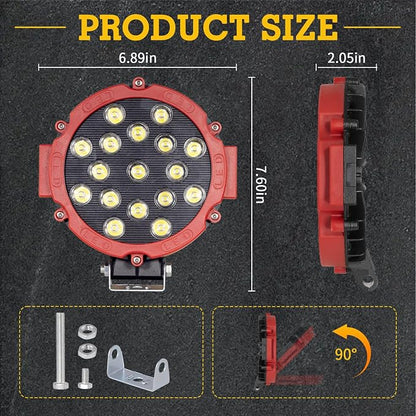 Round Off Road Led Lights 7 Inch 51W 2pcs Round Spot Light Off Road Driving Work Lamp Bumper Roof Fog Lights Fit for Jeep, ATV, SUV, Truck, Hunters (Red)