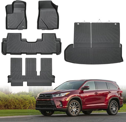 Floor Mats for Toyota Highlander 2014-2019, Custom Fit All Weather TPE Rubber Floor Liners for Highlander, Heavy Duty Car Full Mats Accessories 3 Rows and Cargo Liner with Backrest Set