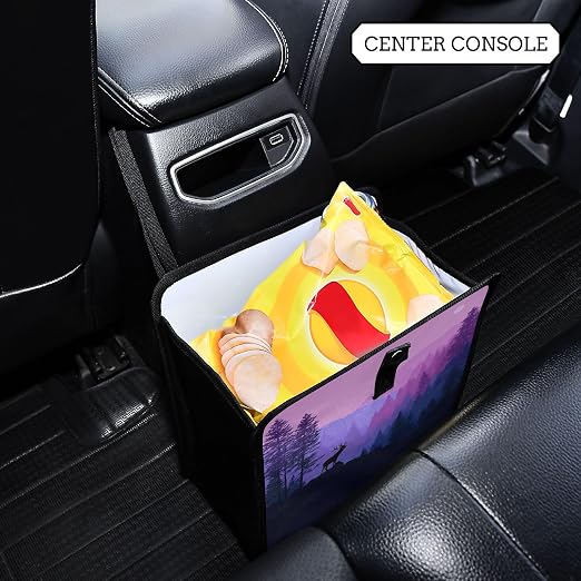 Car Trash Can Organizer Bin with Adjustable Strap for Back Front Seat Console Waterproof Leakproof Collapsible Portable 8.66 Inch Purple Stag Mountains and Forest